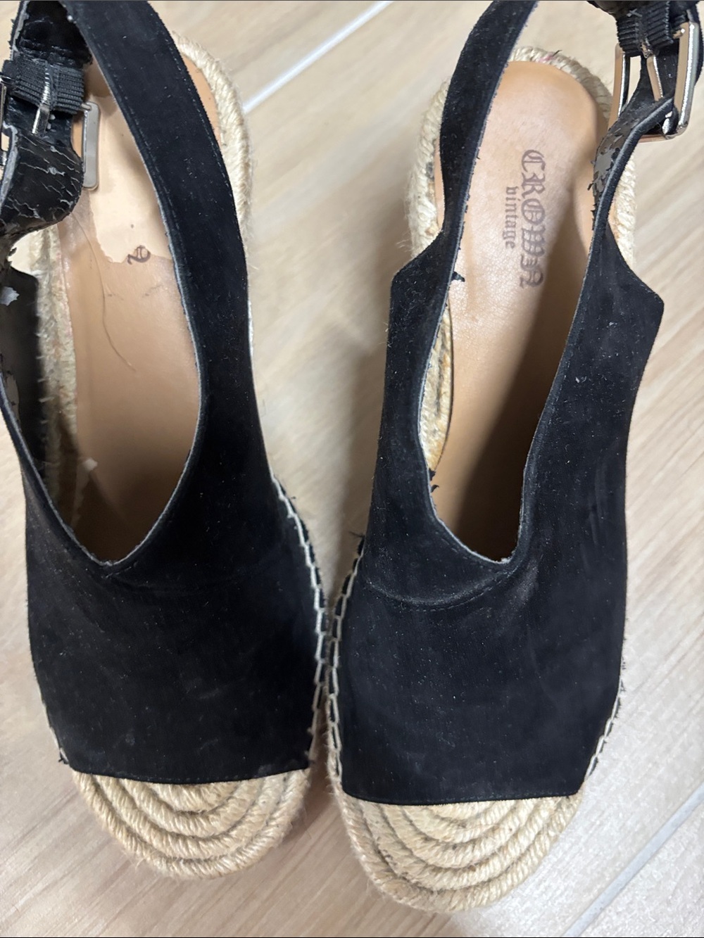 Crown Vintage Black Suede Espadrille Slingback Wedges